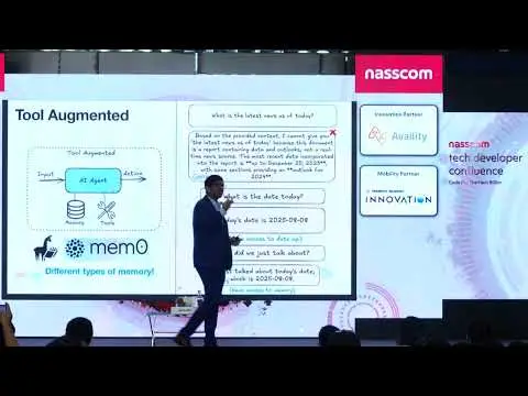 Karthik Vaidhyanathan presenting a slide about tool-augmented AI agents
